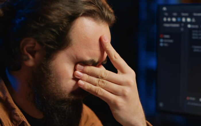 Un homme se cachant les yeux après avoir réalisé des erreurs dans l'optimisation des conversions